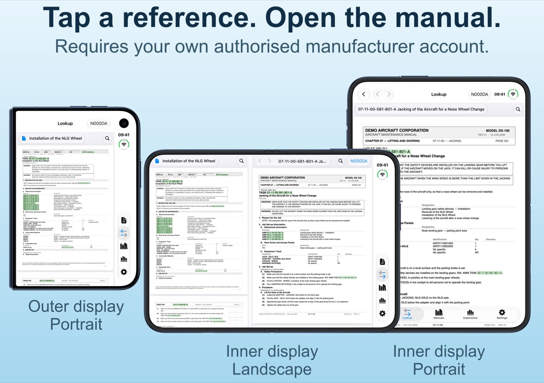 Lookup: a task card on one side and the manual document its link opened on the other.