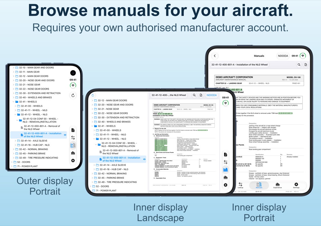 Manuals: the manual tree for the selected aircraft, with a document open.