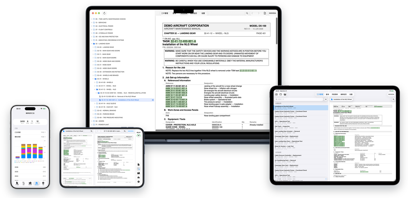 Mac、iPad、iPhone Duo 和 iPhone 上的 Aircraft Maintenance Assist：手册目录、工卡库、工卡与对应手册并排，以及维修经历统计。