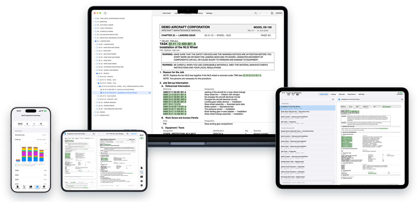 Aircraft Maintenance Assist on Mac, iPad, iPhone Duo and iPhone: the manual tree, the card library, a task card beside its manual, and Experience totals.