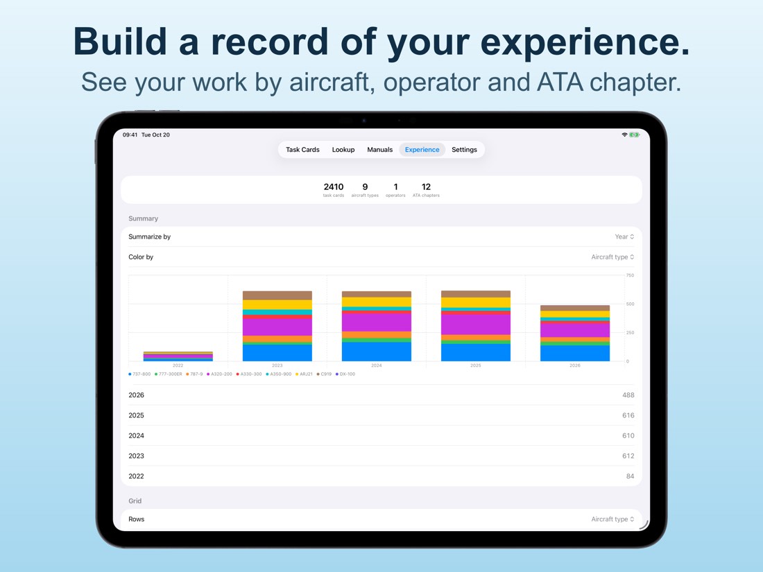 Experience: totals by aircraft type and year.