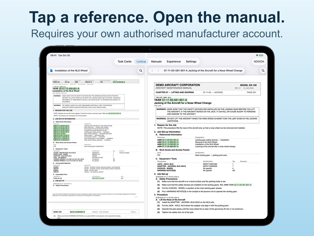 Lookup: a task card on one side and the manual document its link opened on the other.