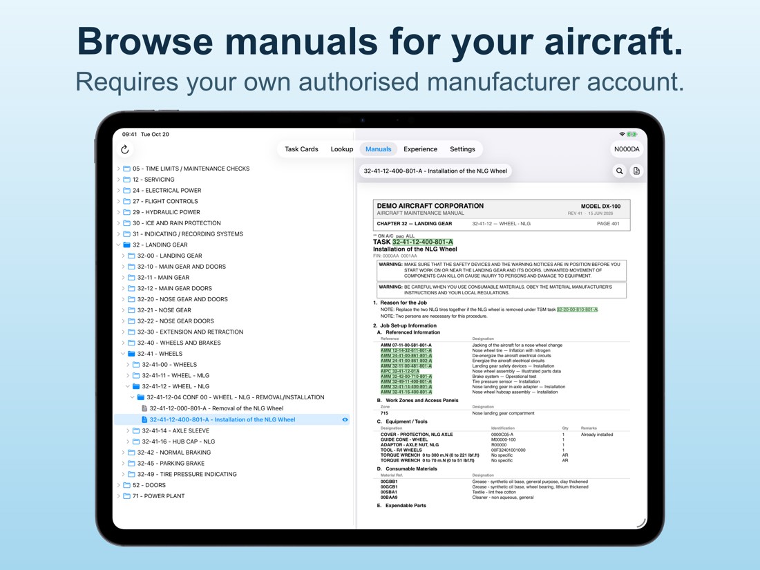 Manuals: the manual tree for the selected aircraft, with a document open.