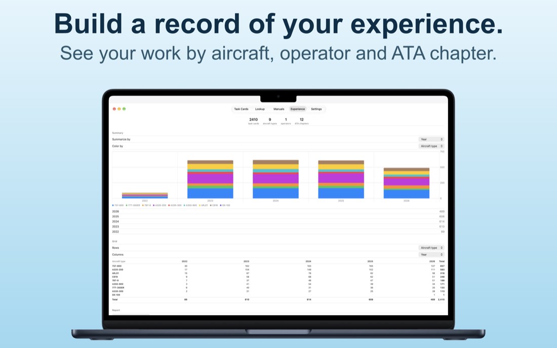 Experience: totals by aircraft type and year.