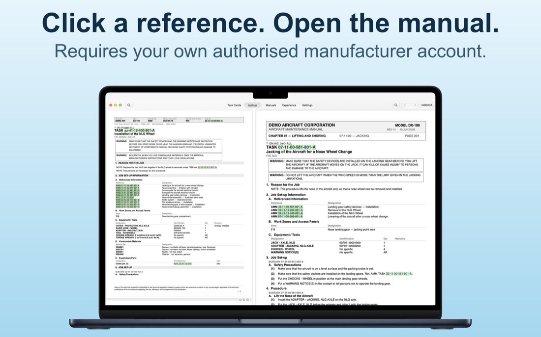 Lookup: a task card on one side and the manual document its link opened on the other.