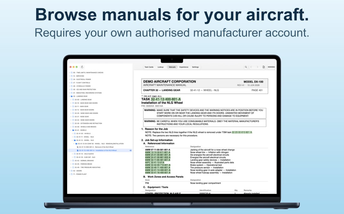 Manuals: the manual tree for the selected aircraft, with a document open.