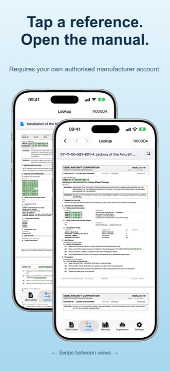 Lookup: a task card on one side and the manual document its link opened on the other.